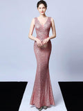 Women Pink Dress V Neck Sequin Evening Dress Elegant Party Maxi Dress