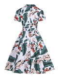 50s Pinup Elegant Woman and Floral Print Cotton Dress Turn Down Collar Button Front Belted Evening Midi Dresses