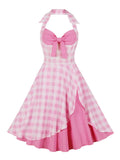 Sexy Pink Dresses for Women Halter Backless Bow Front Plaid Patchwork Prom Party Birthday Dress Midi Vintage
