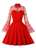 Red Elegant Evening Christmas Vintage Dress Women Turn Down Collar Plaid Mesh Long Sleeve Patchwork Slim Dresses