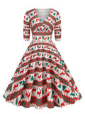 Deer and Tree Print Christmas Party Evening Winter Dress Women V-Neck High Waist 50s Vintage Swing Dresses