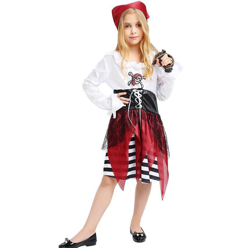 Kids Girls Pirate Costume Dress and Headpiece Set Caribbean Cosplay Halloween Costume