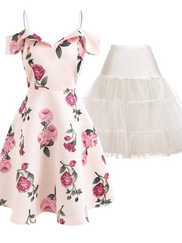 2PCS Top Seller 1950s Floral Dress & White Petticoat
