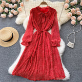 Elegant Vintage Casual Midi Dress With Belt Tie Bow Collar Long Sleeve Pleated Chiffon Dress