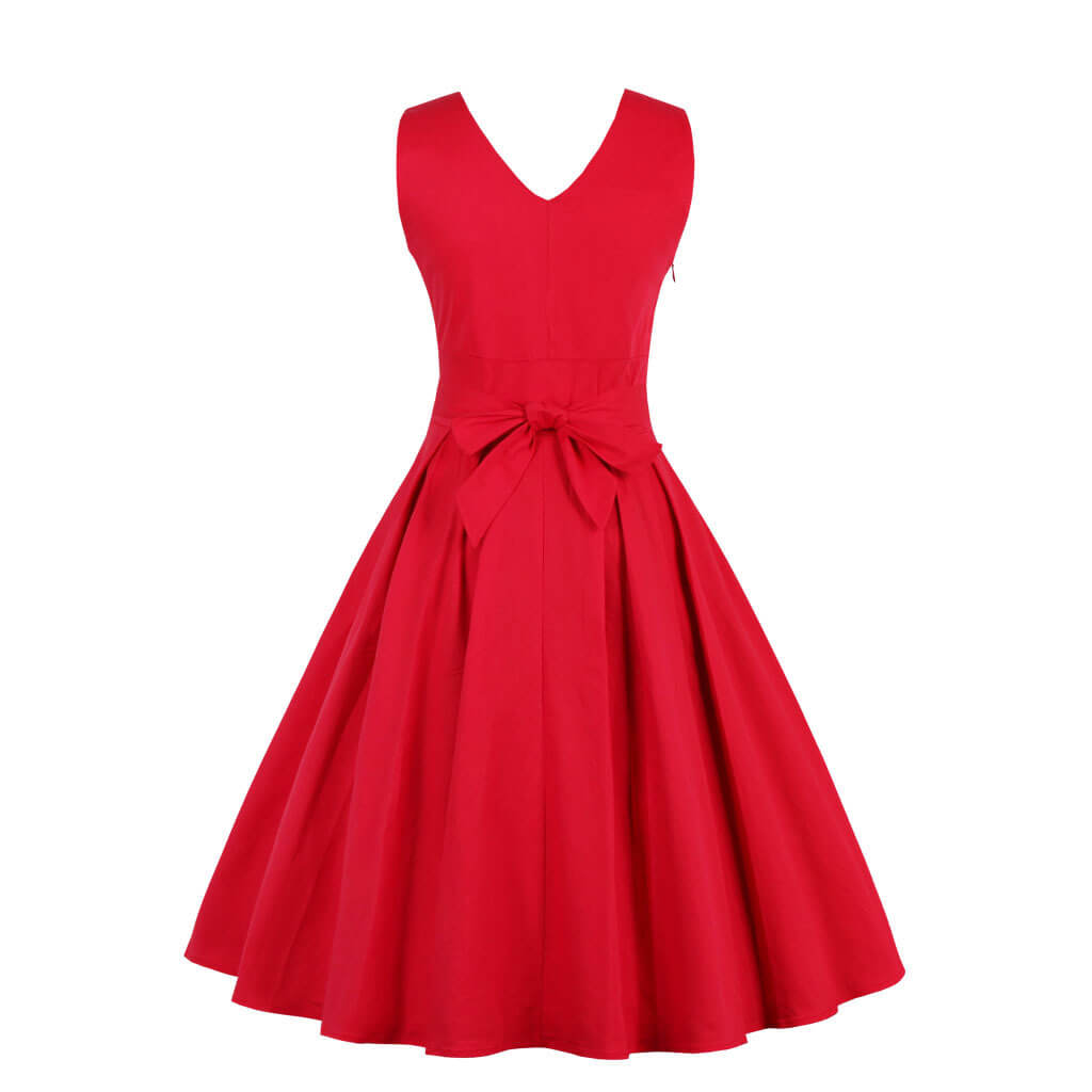 Red Pleated Plain Solid Vintage Wrap V-Neck Belted Elegant Party Retro Cotton Summer Dress