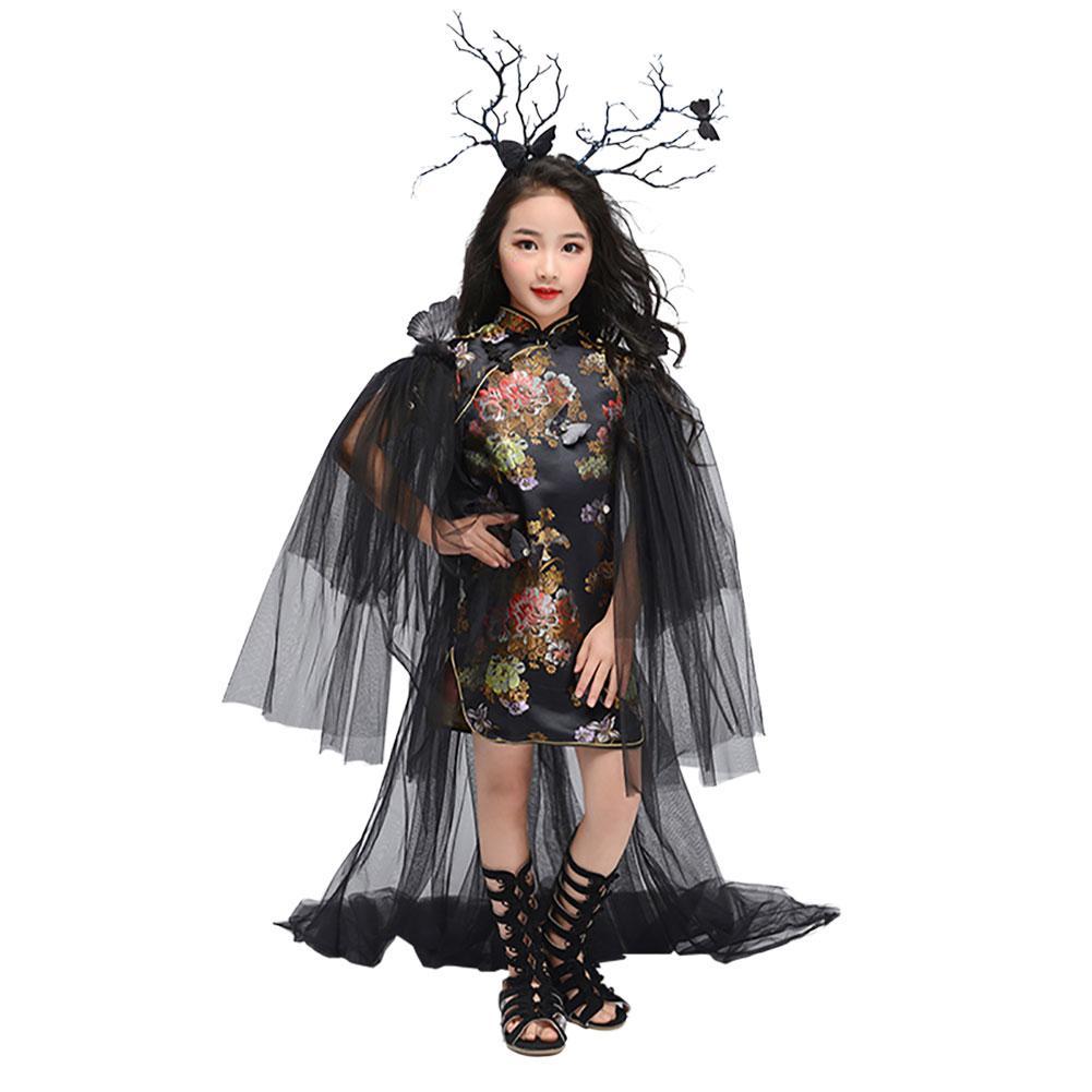 Girls Halloween Chinese Cheongsam Style Retro Creative Costume Party Fancy Flower Dress