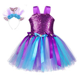 Princess Girls Mermaid Tutu Dress Kids Sparkle Sequin Purple Starfish Birthday Party Dresses Halloween Costume