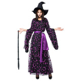 Adult Women Halloween Purple Star Moon Magic Broom Witch Costume Funny Cosplay Outfit Long Dress