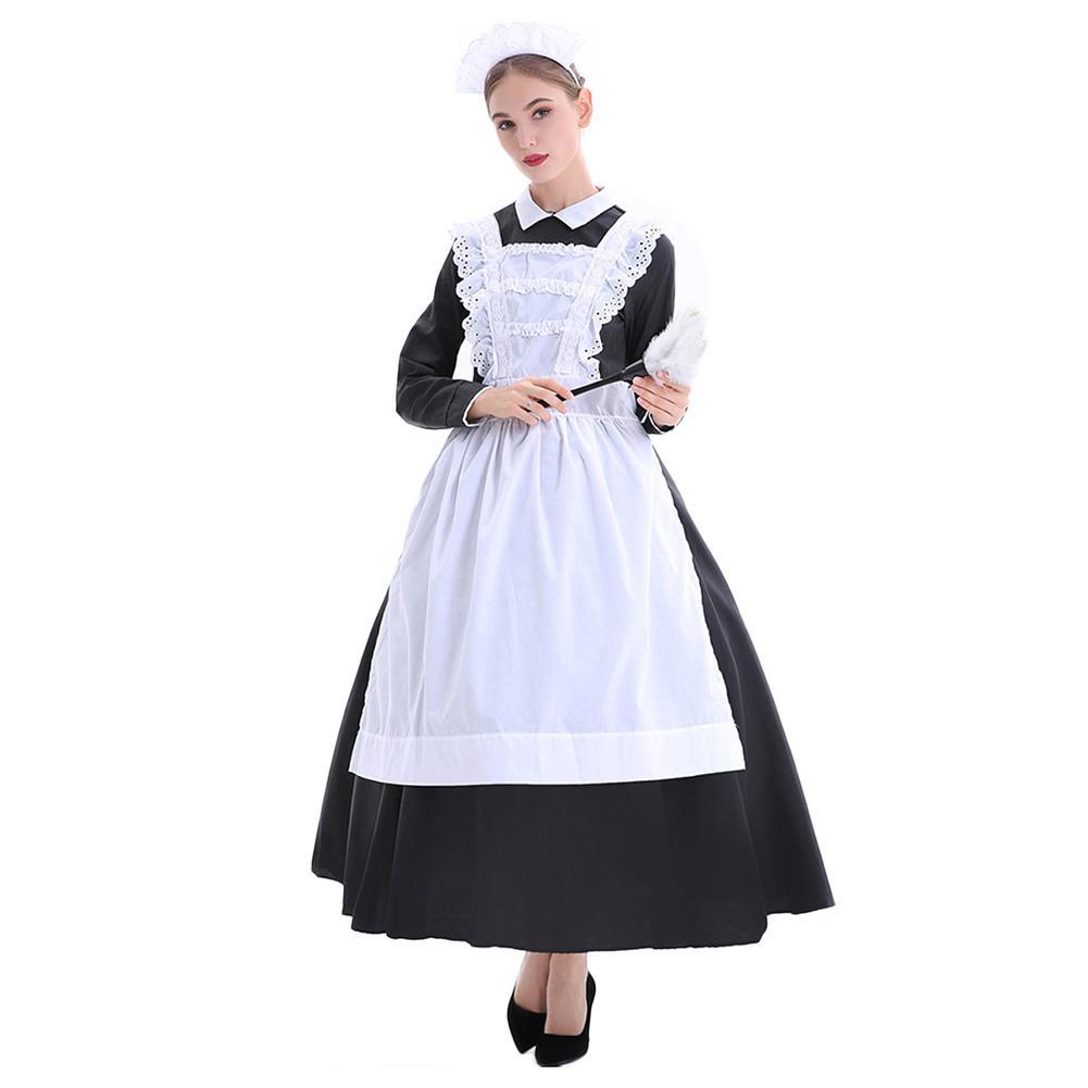 Adult Women Halloween French Maid Costume Black White Long Gown Arpon Dress Female Victorian Housekeeper Cosplay Outfit
