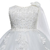 Flower Girl Dress Fancy Tulle Satin Lace Cap Sleeves Pageant Girls Ball Gown White Ivory
