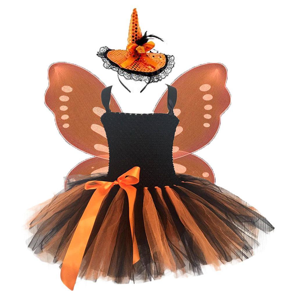 Kids Girls Orange Black Halloween Tutu Dress with Wings And Hat Little Girls Pumpkin Scary Costume Kids Festival Outfits