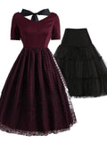 2PCS Top Seller Wine Red 1950s Dress & Black Petticoat