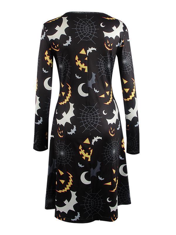 Bat Moonlight Print Long Sleeve Dress - cenloger