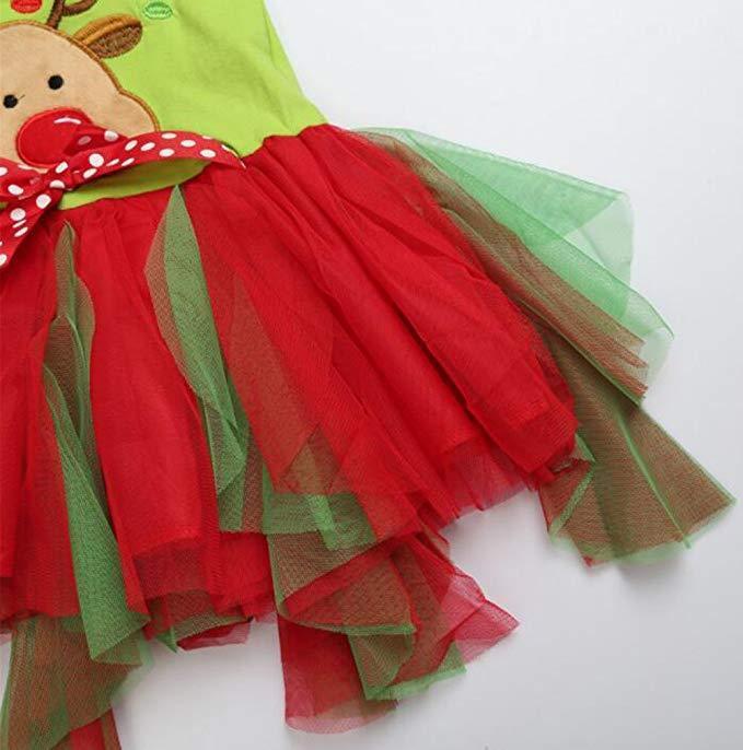 Baby Girls Christmas Embroidery Deer Ruffle Tutu T-shirt Dress Stripe Pant Outfit