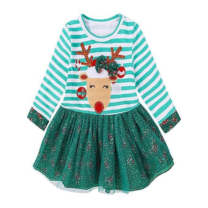 Kids Baby Girls Christmas Deer Striped Cotton Princess Tutu Dress