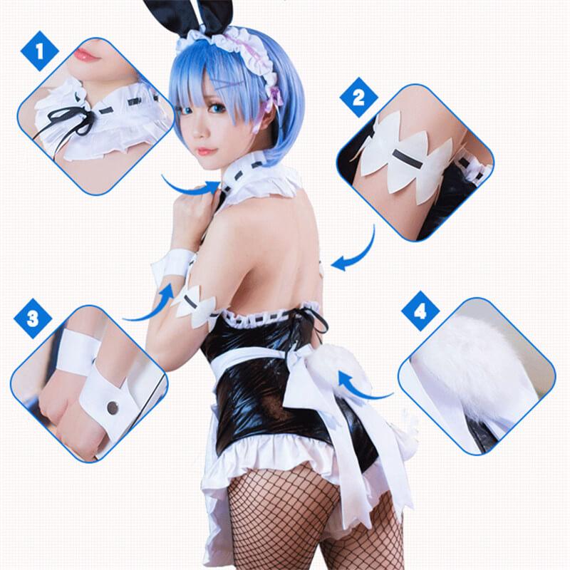 Anime Rem Bunny Rabbit Girl Cosplay Costume Maid Fress Full Set