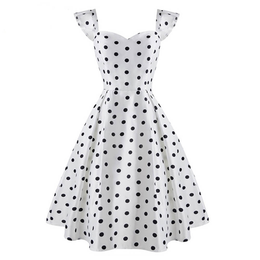 White 1950s Sweetheart Ruffle Sleeveless Black Dot Dress