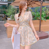 Kawaii Floral Short Jumpsuit Women Summer 2021 Lace Print  Casual Elegant Jumpsuit Puff Sleeve Korean Fashion Bohemian Clothes