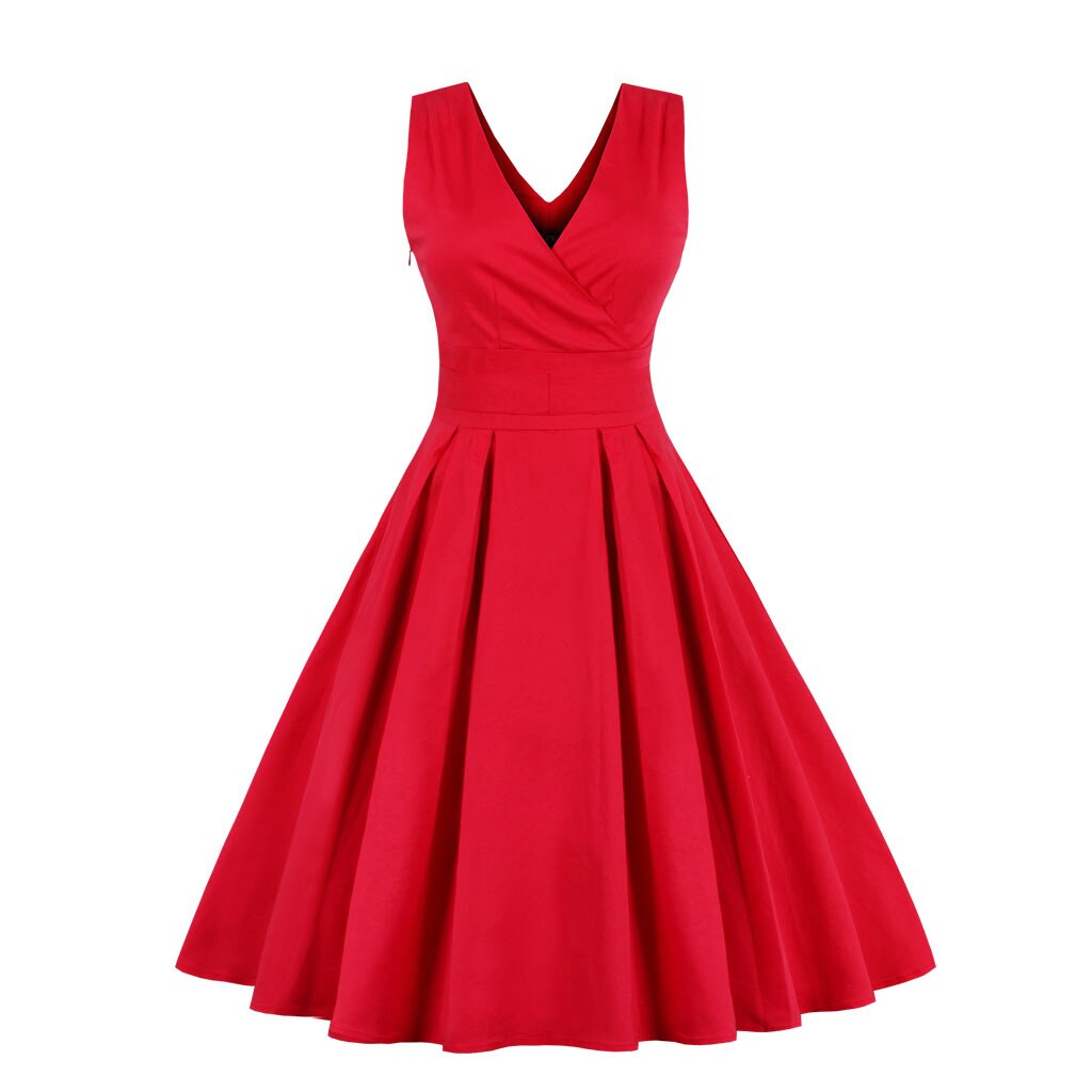 Red Women Sleeveless Cotton V Neck High Waist Robe Pin Up Swing Retro Vintage Party Casual Dress