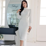 Fashion Women Stand Collar Puff Sleeve Bodycon Dress Female Slim Hollow Out Office Lady Knee-Length Vestidos