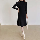 Winter Women Half High Neck Sweater Dress Long Sleeve A-Line Female Knitted Dress Vestidos