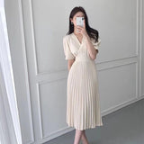 Women Elegant  Summer New V-Neck High Waist Slim Office Lady Casual A-Line Pleated Bandge Dress Vestidos