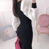 Spring Women New Elegant Square Collar Slim Knit Dresses Patchwork Puff Sleeve Korean Chic Long Sleeve Vestidos