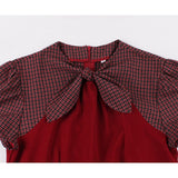 1950s Burgundy Plaid Vintage Women Patchwork Short Sleeve Pockets Robe Pin Up Swing Retro Casual Dress