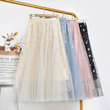 Spring High Waist Floral Print Mesh Women A-Line Pleated Skirts Solid Outwear