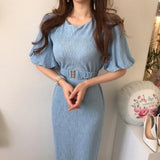 Women Summer Office Lady Solid Dress Women Puff Sleeve Midi Slim Elegant Female Dress