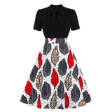 Vintage Dresses 50s 60s Retro Bow Neck Leaf Print Black Patchwork Robe Pin Up Swing Casual Dress