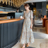 2021 V Neck Slim Waist Woman Print Short Sleeve Chiffon Midi Dress Femme Dress