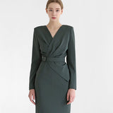 Autumn Women Elegant Fashion Office Lady Long Sleeve Dress Waistband Knee-Length Bodycon Dress