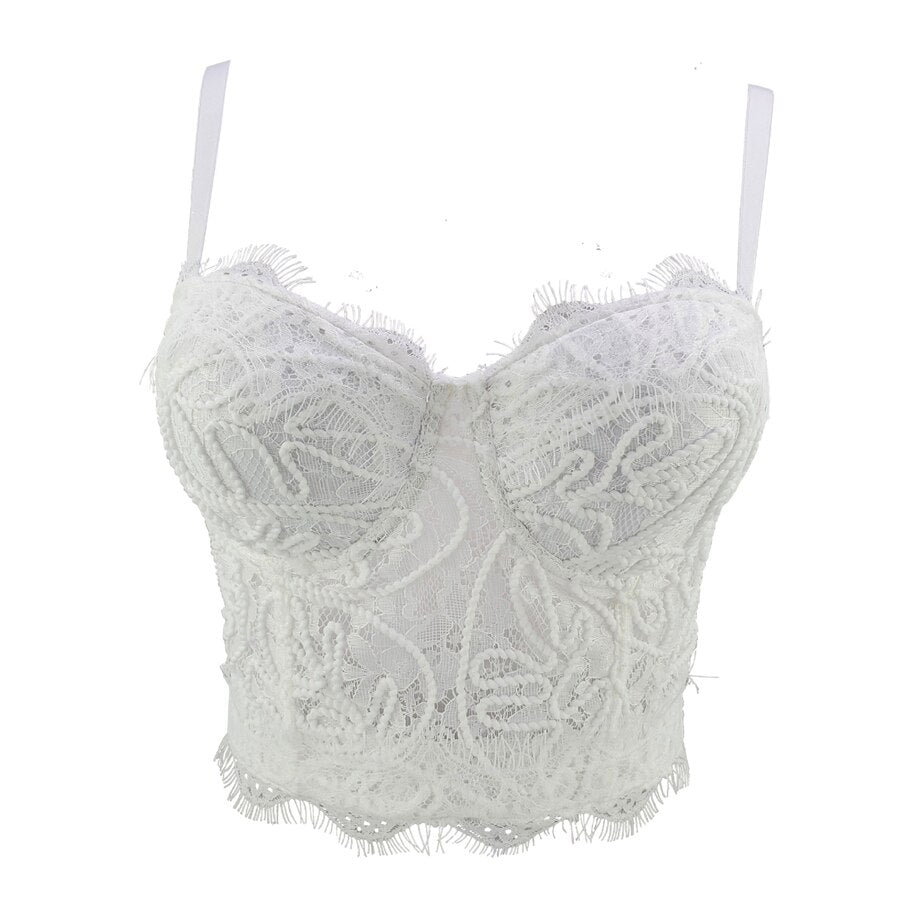 Lace Embroidery Crop Tank Top With Cups Off Shoulder Corset Sexy Top With Built In Bra Dance Nightclub Lingerie Clothing
