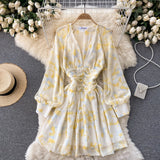 Tie Dye Printed Elegant Chiffon Dress Front Buttons Deep V Neck Long Sleeve Mini Dress