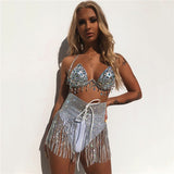 Silver 2 Piece Set Women Halter Shiny Gems Sexy Low Neckline Bra Crop Top Bling Diamante Outfit