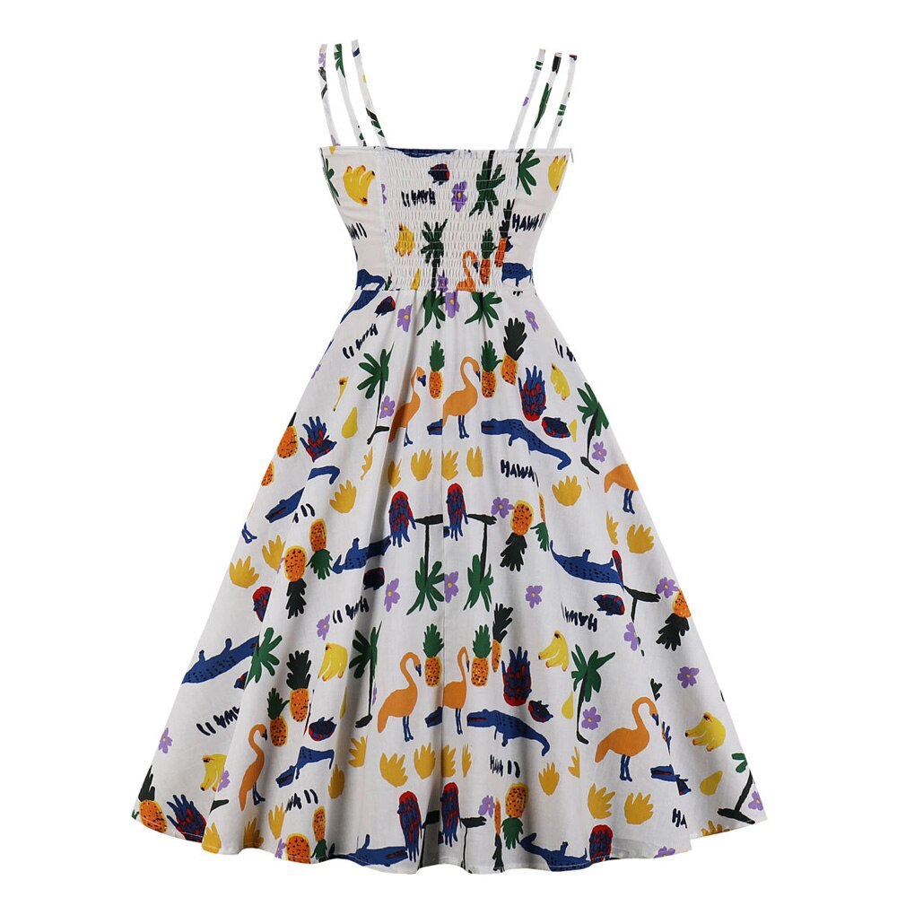 Summer Spaghetti Strap Cotton Bowknot Cute Print Robe Pin Up Swing Retro Vintage Dress Sundress