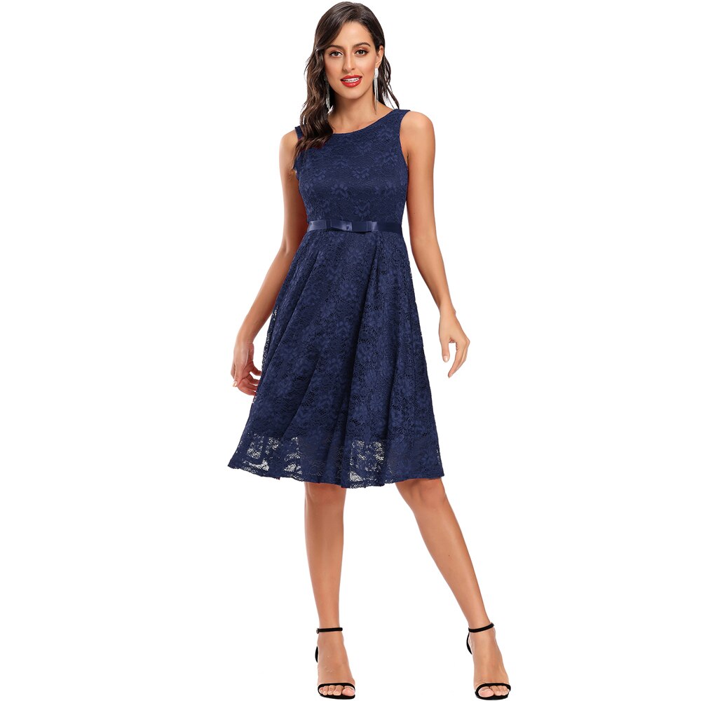 Lace Summer Sleeveless V Back Robe Pin Up Swing Short Blue Evening Party Dress
