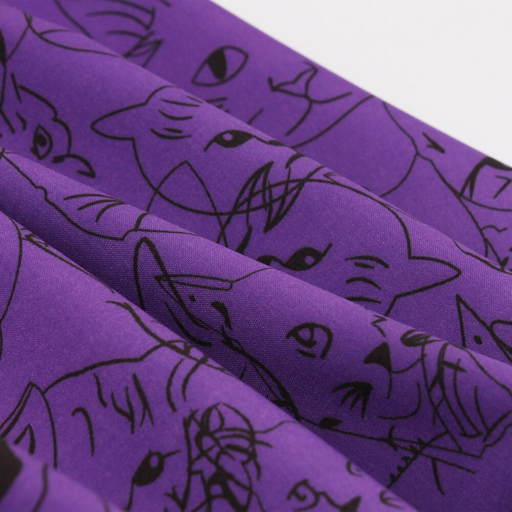 Cute Purple Cat Print Summer Short Sleeve High Waist Robe Pin Up Swing Vintage Party Casual Dress