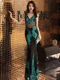 Sexy V-Neck Waist Cut-out Formal Evening Dresses Sleeveless V-Back Mermaid Party Dress Shinng Sequins Embroider Robe De Soriee