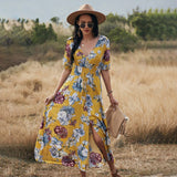 Summer Sexy Floral Print Women Casual High Waist V-Neck Split A-Line Dress Outwear