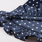 Navy Blue Polka Dot Short Sleeve Patchwork Robe Pin Up Swing Ruffle Hem Retro Vintage Dresses