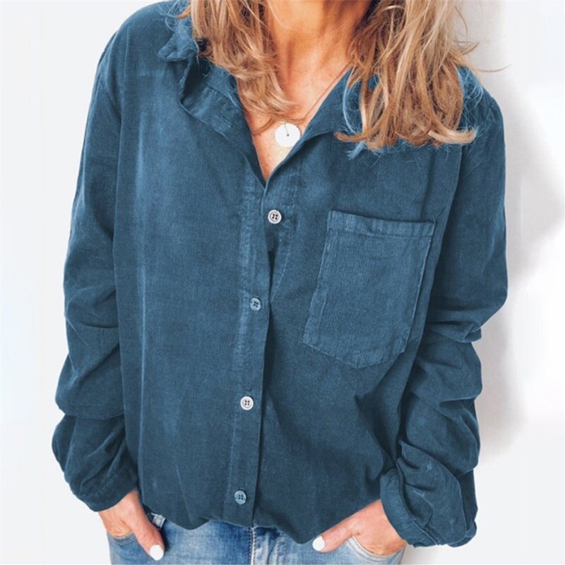 Corduroy Women Blouses Long Sleeve Solid Loose Style Shirt Tops