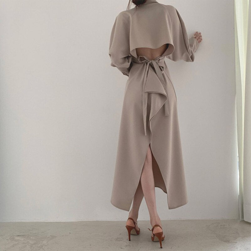 Office Lady Collared Long Sleeve Shirt Dress Cut Out Back Tie Sexy Midi Dress With Slit