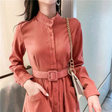 2021 Autumn Ladies Belted Long Dress Elegant Single-breasted Women Long Sleeve Solid Color Dress Office Ladies Vestidos