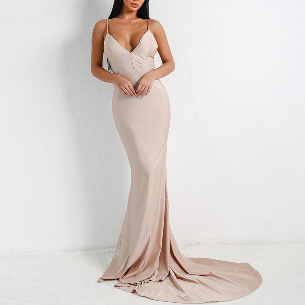 Sexy Backless Evening Dress Sleeveless Suspenders Long Formal Dress Mermaid Robe Gown Satin Party Dress