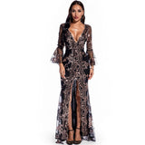 Front Slit Black Sequined Long Elegant Sequin Evening Party V Neck Maxi Dress