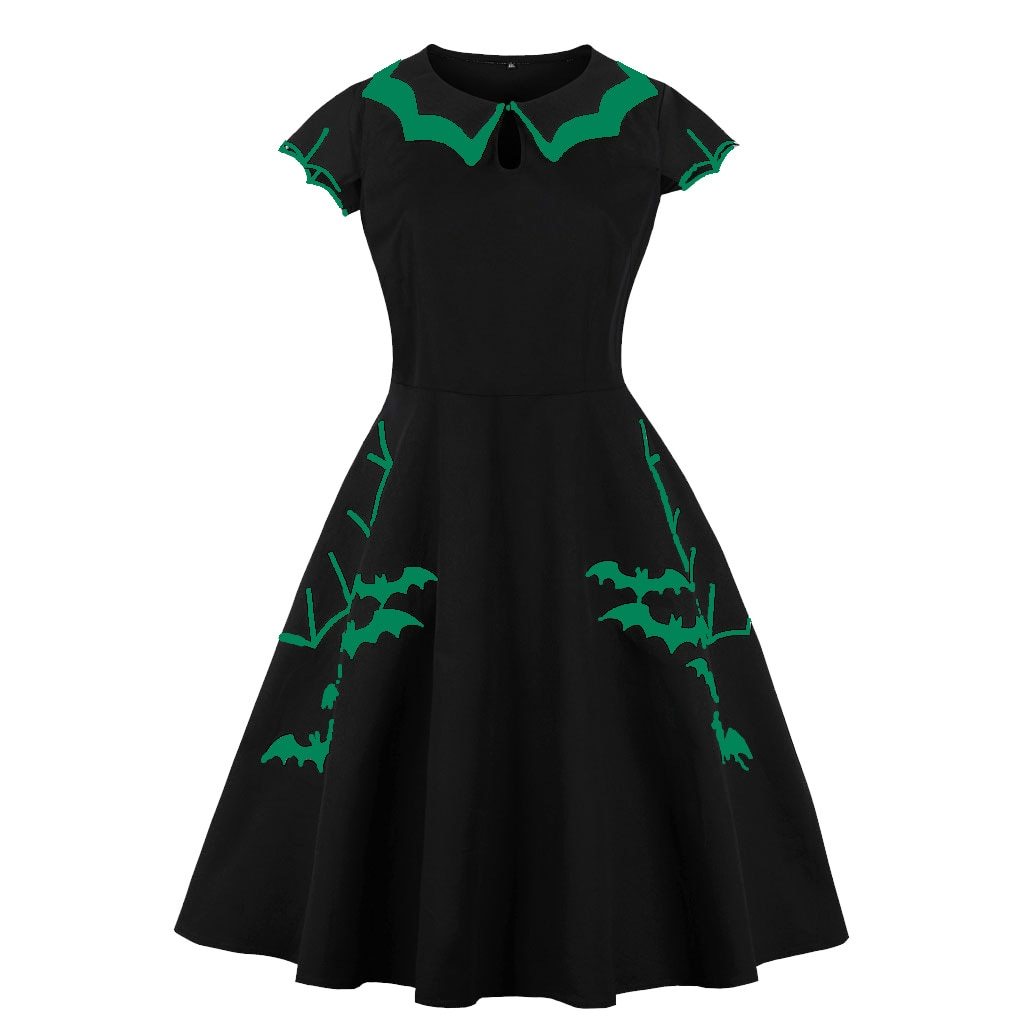 Halloween Party Women Dress Bat Print Black Gothic Plus Size Punk Hip Hop Casual Streetwear Goth 50s 60s Summer Clothing