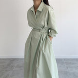 2021 Spring Autumn Elegant Women Midi Shirt Dress With Belt Long Sleeve Casual Loose Office Lady Work Clothes Vestidos