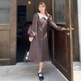 Women Elegant Peter Pan Collar Dress Vintage Puff Sleeve A-line Female Dress 2021 Ladies Midi Vestidos